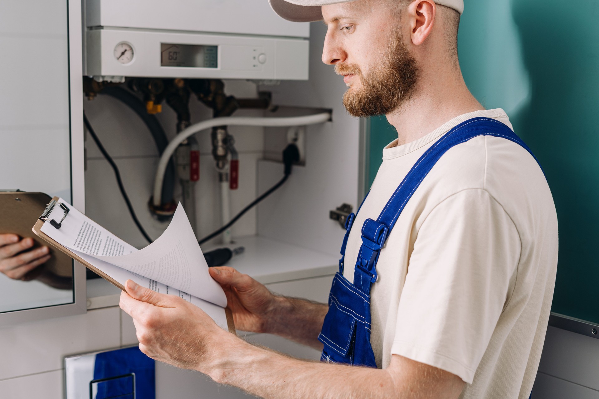 Repairman performing maintenance on gas boiler in modern bathroom Repairman performing maintenance on gas boiler in modern bathroom